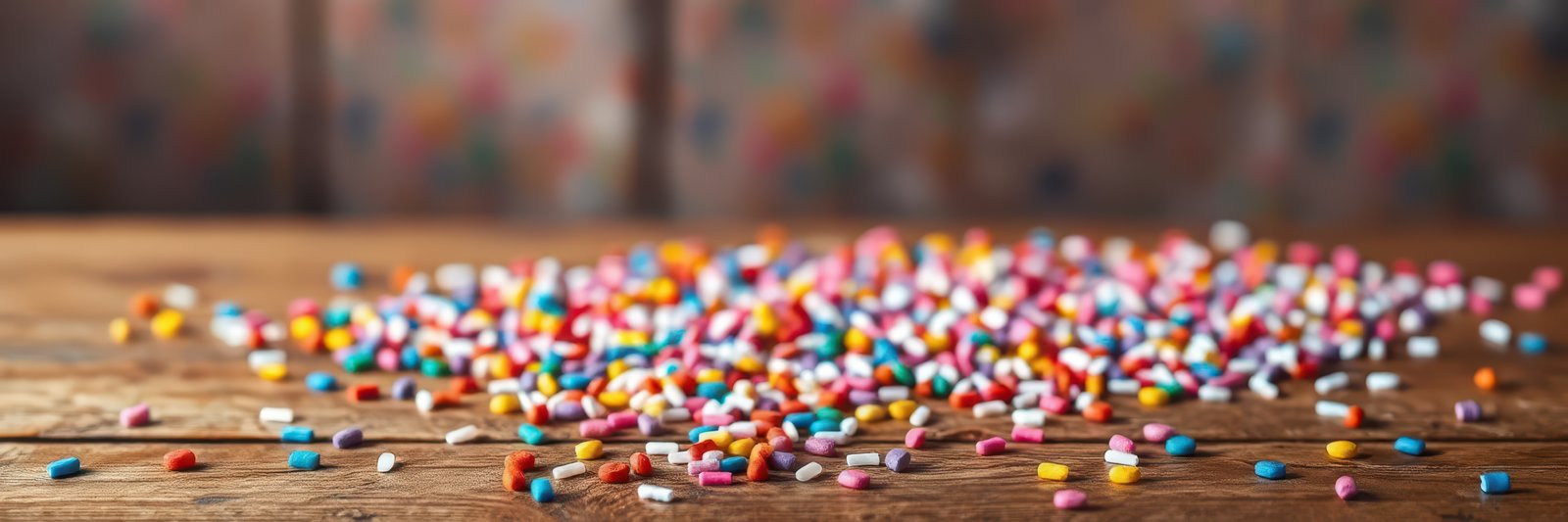 Colorful sprinkles scattered on a wooden table for baking and decorating desserts
